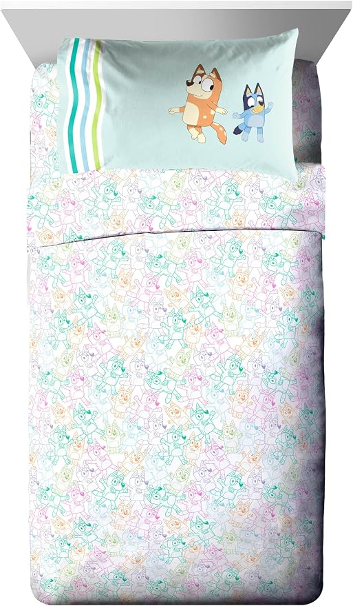Bluey Bingo Twin Comforter Set 5 Piece Soft Kids Cartoon Bedding, Blue | Bed in a Bag, Comforter Sheets Sham Pillowcase, Official Product, Soft Microfiber, Machine Washable, Easy Care, Kids Gift