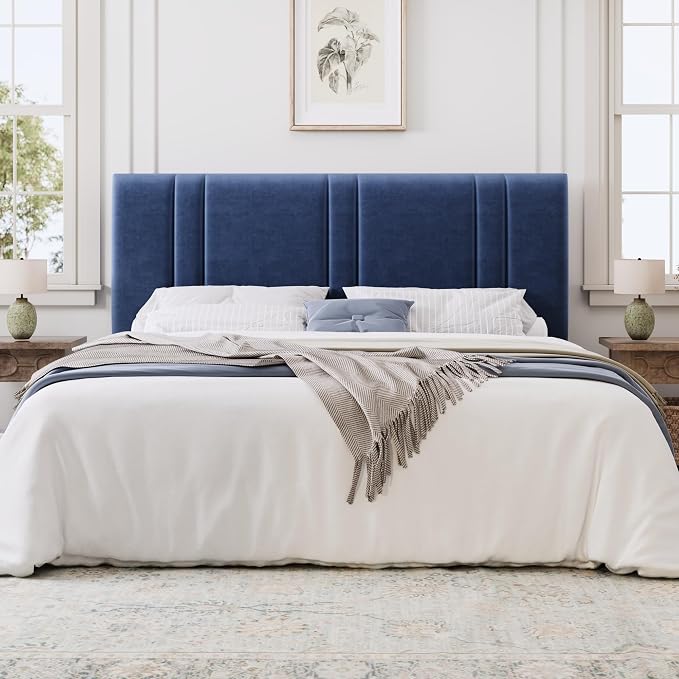 SHA CERLIN King Size Velvet Bed Frame with Adjustable Headboard, Blue | Vertical Channel Tufted Design, Upholstered Platform Bed, Wood Slats Support/No Box Spring Needed/Easy Assembly