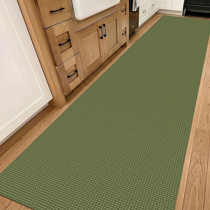 IOHOUZE Washable Exrea Long Hallway Runner Rug 3x14 Non Slip Rubber Backed Kitchen Runner Entryway Runner Indoor, Woven Rugs Floor Carpet for Kitchen Hall Entryway, Olive Green/Earthy Green