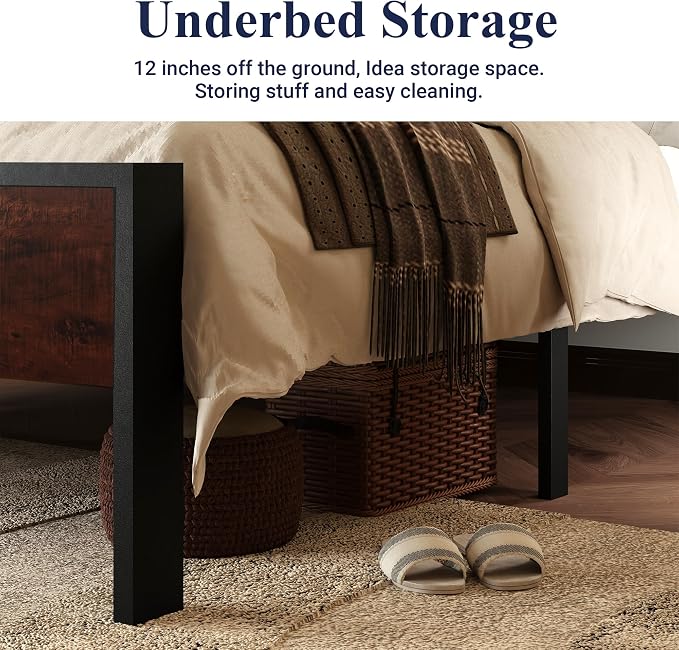 Allewie Queen Size Bed Frame, Heavy Duty 12 Metal Slats Support, Mahogany | Wooden Headboard and Footboard, Modern Platform Bed, No Box Spring Needed, Under-Bed Storage, Noise Free, Easy Assembly