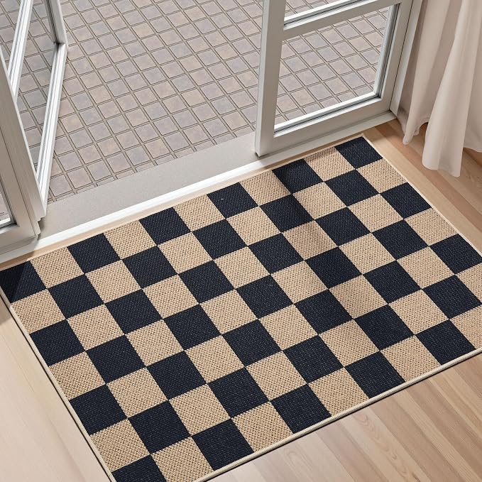 EDIMENS Checkered Easy Jute 2x3 Entryway Rugs Front Door Mat Entry Rug | Non Slip Small Area Rug Kitchen Mat Checkered Rug Farmhouse Low Pile Washable Black Indoor Outdoor Doormat for Porch Doorway