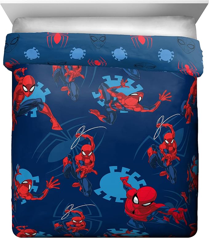 Marvel Spiderman Queen Comforter Set 5 Piece Kids Bedding for Boys, Blue | Bed in a Bag, Comforter Sheets Pillowcases, Official Product, Soft Microfiber, Machine Washable, Easy Care, Boys Gift