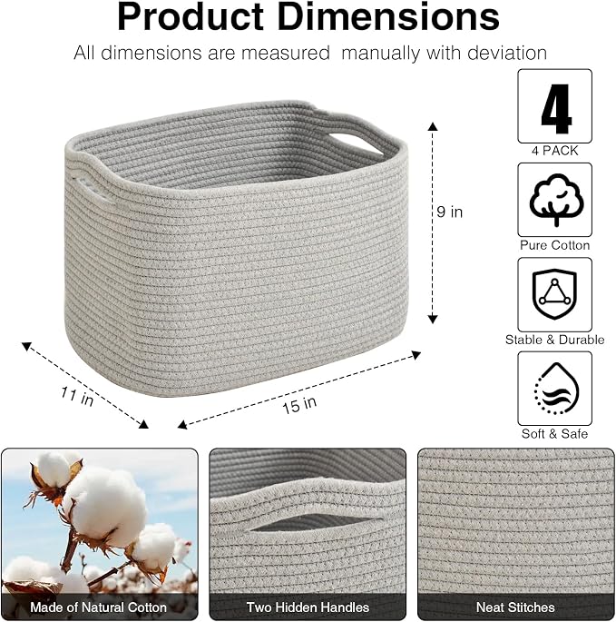 ICERZCZ Woven Cotton Rope Storage Baskets for Organizing & Shelves, Organization Bins for Dog Toys, Clothes, Books, Nursery Organizer, 15"x11"x9", Grey (4 Packs)