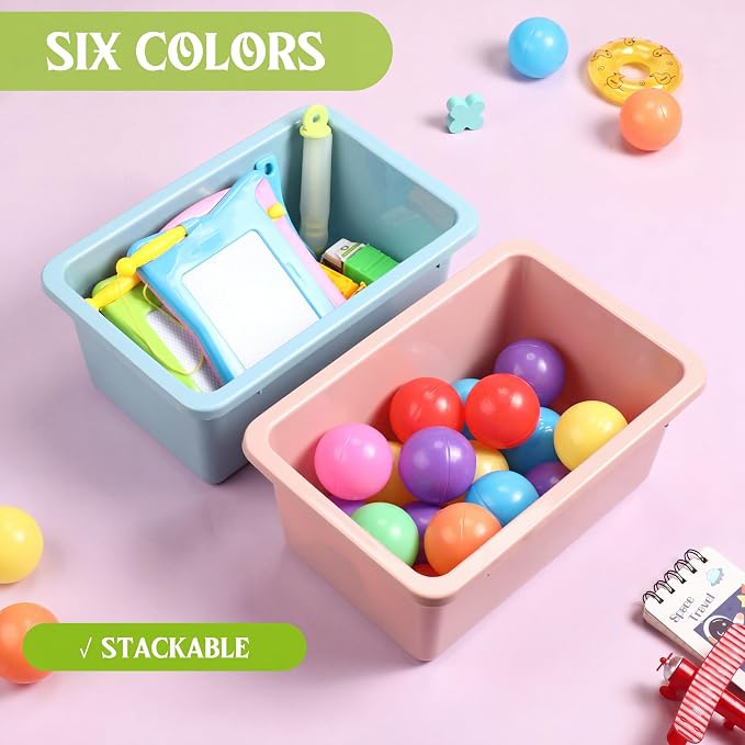 Thyle 12 Pieces Plastic Cubby Bins with Labels Classroom Book Bins Stackable Storage Container Durable Toy Storage Organizer Baskets for School Classroom Office (Simple,Morandi Color)