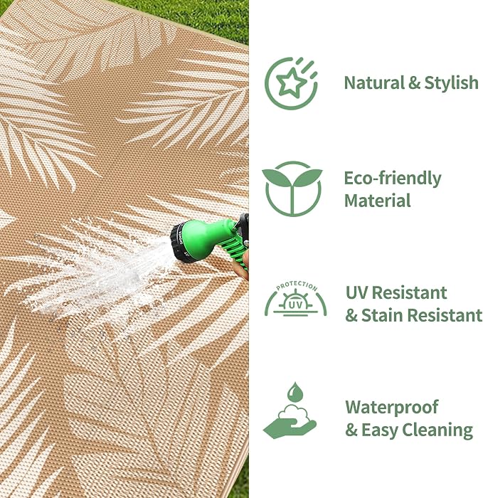 GENIMO Outdoor Rug, Waterproof Plastic Rugs for Patio, 5'x8' Brown Beige | Outside Larger Leaf Carpet Mat for Porch Decor, Deck, Balcony, Camping, RV, Backyard, Picnic, Beach, Reversible, Foldable