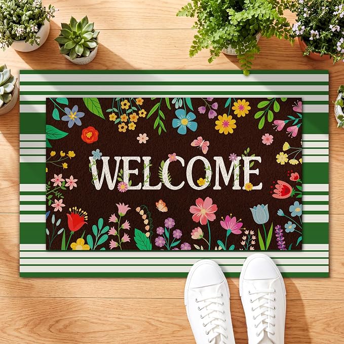 Tinideya 2 Pcs Door Mat Welcome Non Slip Coir Mats Floor Layering Doormats Seasonal for Front Porch Entryway Decor(Colorful Flowers)