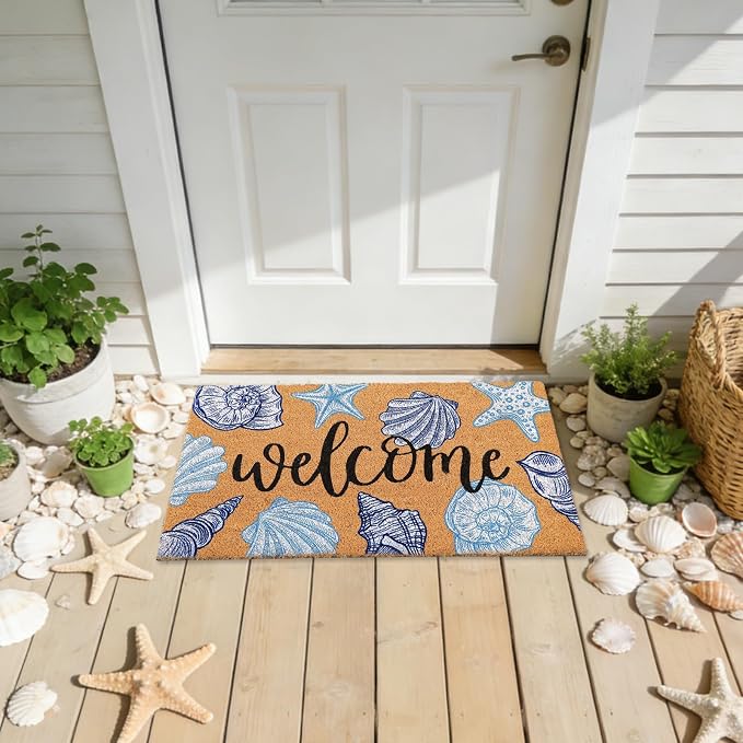 JarThenaAMCS Seashell Beach Doormat Natural Coir Welcome Floor Mat Blue White Coastal Starfish Conch Non-Slip Entrance Door Rug for Summer Indoor Outdoor Home Bathroom Decor