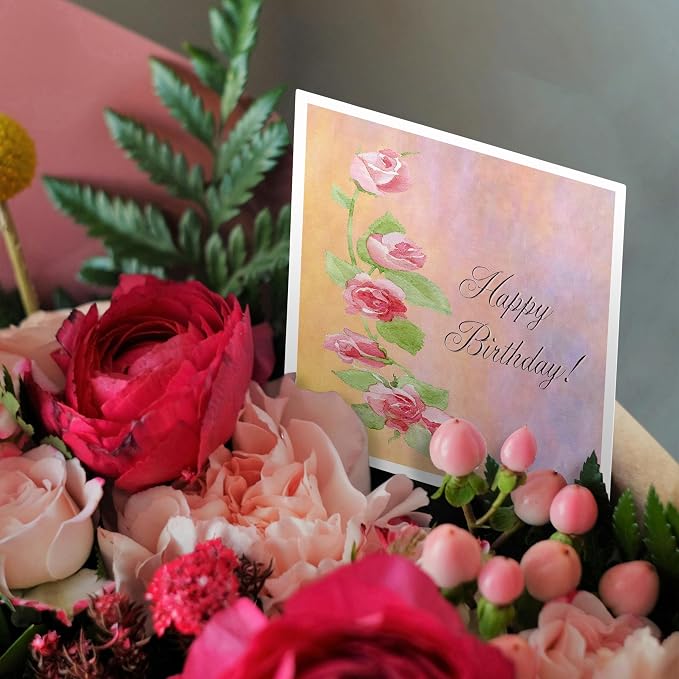 3dRose Painted Pink Roses Happy Birthday - Greeting Cards, 6 x 6 inches, set of 12 (gc_18889_2)