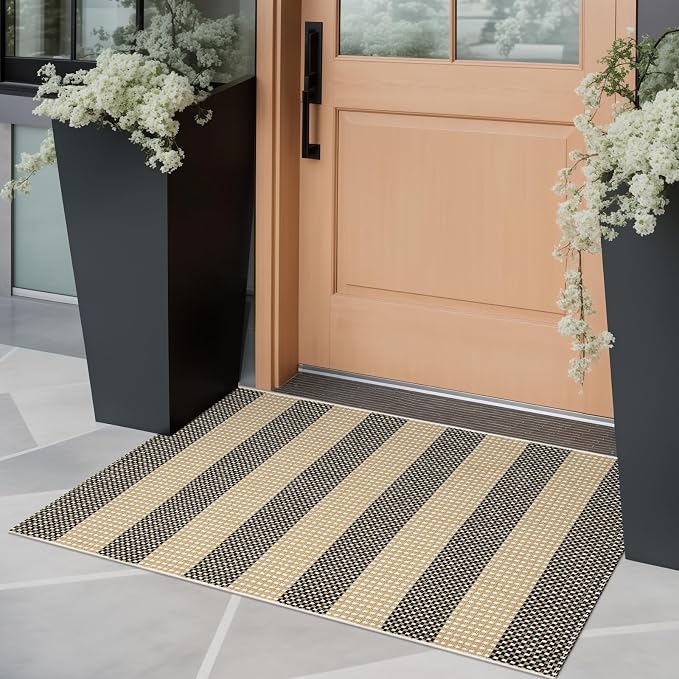 OJIA Front Door Mat Outside Entrance 24"x35" Outdoor Doormat Welcome Mat | Tan Front Door Rug Woven Striped Outdoor Rugs Entryway Rugs Indoor Small Area Rug for Kitchen Entry Bathroom Porch Decor