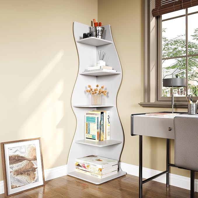 LITTLE TREE 70-Inch Corner Shelf, Seaweed Shaped Etagere Display Bookshelf, Freestanding 5-Tier Wall Shelves for Small Spaces, Bedroom, Living Room, 2 Pack, White