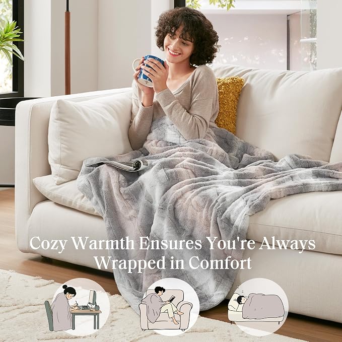 Madison Park Zuri Faux Fur Reversible Throw Blanket, 50 x 60 in, Blush/Grey | Soft Plush, Luxury, Animal Stripes, Mink Reverse, Modern, All Season, for Bed Sofa Couch, OEKO-TEX Certified