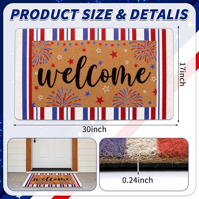 4th of July Patriotic artificial Coir Door Mat USA Red White Blue Stripe Welcome Mats 17x30 inches Star Fireworks Shell Fiber Rug Independence Memorial Day Doormat 250 Anniversary Indoor Outdoor Decor