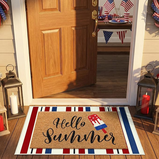 Moucuny 2 Pcs Patriotic Door Mat Hello Summer 4th of July Coir Door Mat Outdoor 250 Anniversary Red White Blue Stripe Welcome Rug Non-Slip Independence Day Doormat Outside Porch Front Decor