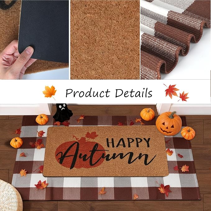2 Pcs Autumn Outdoor Doormat Welcome Coir Doormat Rug Layered Red White Buffalo Plaid Mat for Front Porch Entryway