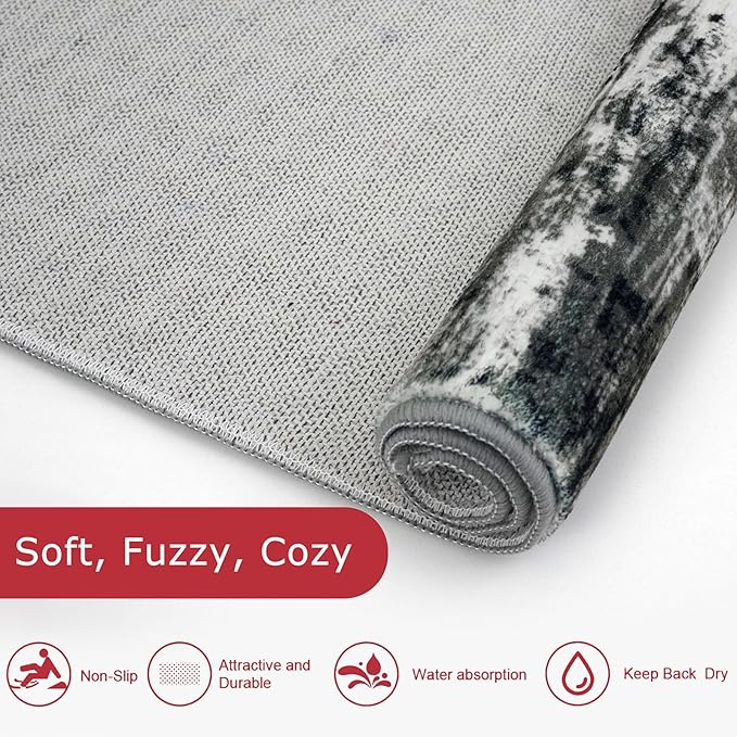 KOZYFLY Modern Abstract Washable Rug Runner 2.6x10 Hallway Rug Runner Non-Slip Soft Kitchen Runner Rugs, Black Grey Striped Carpet for Entryway Bathroom Laundry Room Foyer