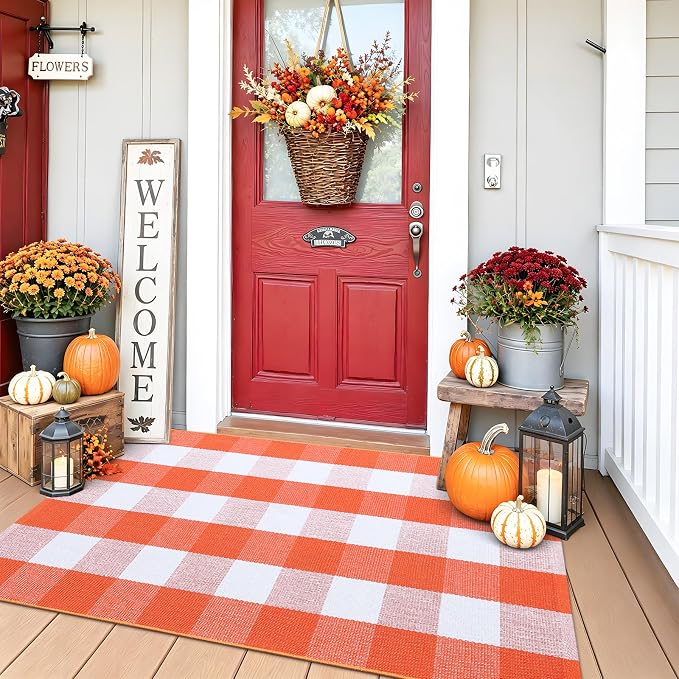 OLANLY Buffalo Plaid Rug 3' x 5' | Orange and White Cotton Checkered Doormat, Washable Indoor Outdoor Rug for Layered Front Porch, Kitchen, Entryway Decor