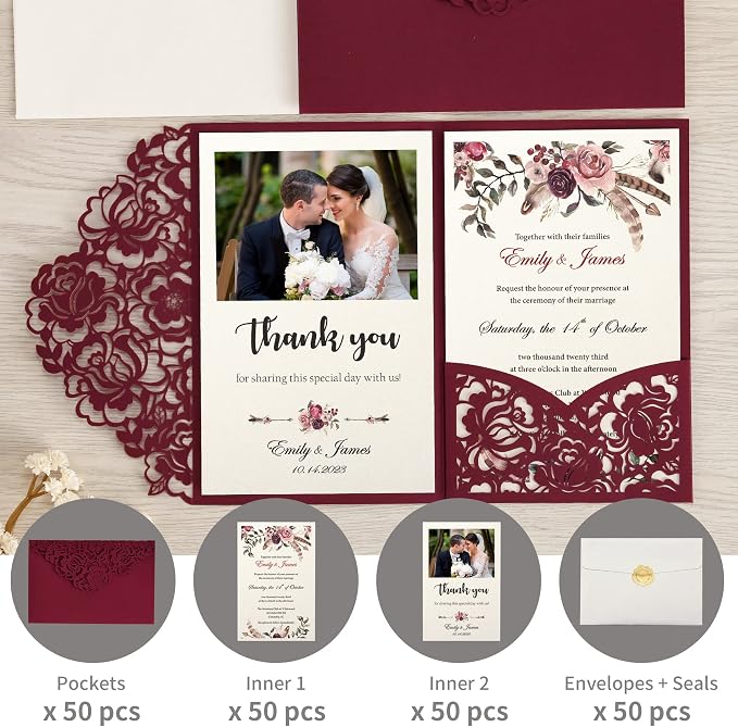DORIS HOME 50Pcs Personalized Laser Cut Wedding Invitations, Burgundy | 4.7"x7.1", Customized Anniversary Invitations, With Envelopes