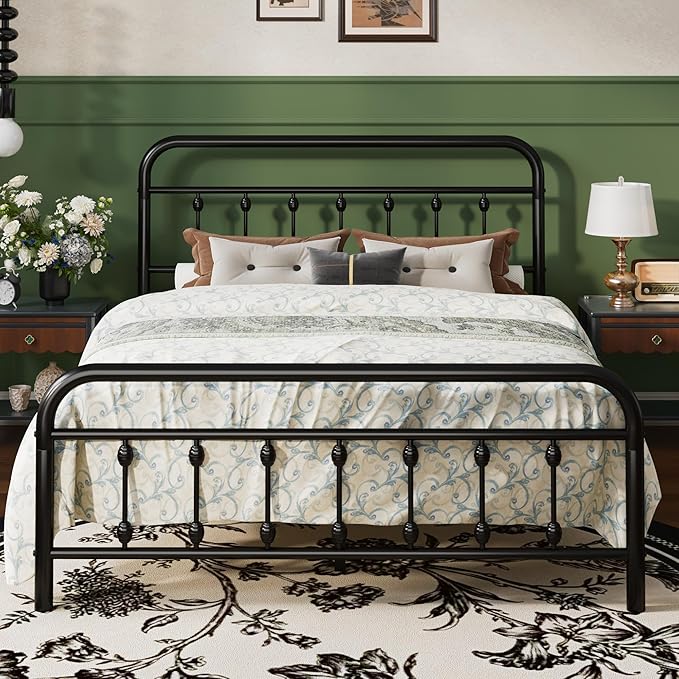 SHA CERLIN Queen Metal Bed Frame with Victorian Iron-Art Headboard, Black | Victorian Iron-Art Headboard and Footboard, Easy Assembly, Under Bed Storage, No Box Spring Required