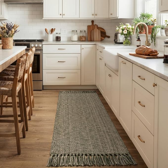 Collive Moss Green Bathroom Runner Rug, 2' x 5' Modern Farmhouse Kitchen Runner Rug Hand-Woven Entryway Rugs Runners for Hallway, Boho Washable Laundry Carpet Indoor Front Door Mat for Bedroom Decor