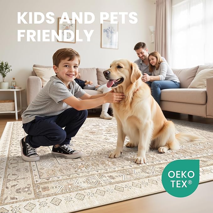 zesthome 9x12 Area Rugs,Stain Resistant Washable Rug,Ultra-Thin Rugs for Living Room,Bedroom,Non-Slip Backing Home Decor Large Area Rug (Cream/Beige,9'x12')