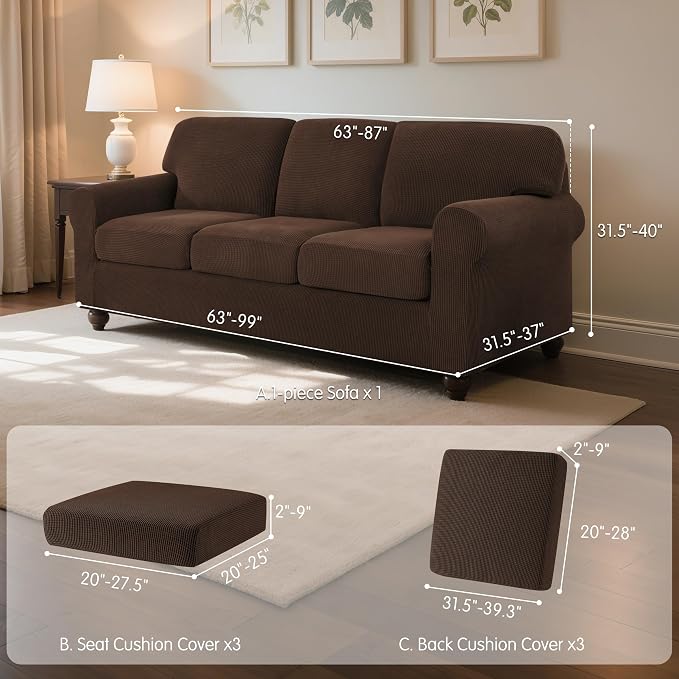 SUBRTEX 7 Pieces Stretch Sofa Slipcover,Couch Cover for 3 Cushion Washable Sofa Cover with Individual Backrest Cushion Covers for Living Room(Large,Chocolate)
