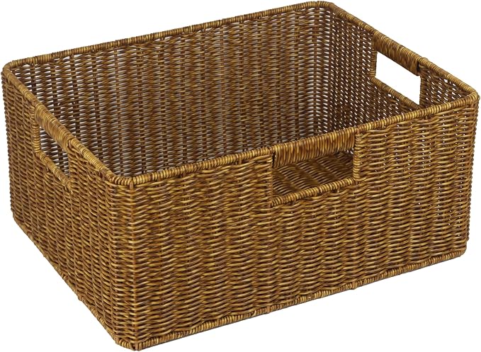 Waterproof Wicker Storage Basket with Handles, Extra Large, Brown | 16.5 x 13 x 7.5 Inch Basket, Shelf Organizer, Rectangular Woven Bin, Towel and Blanket Storage, Home Decor