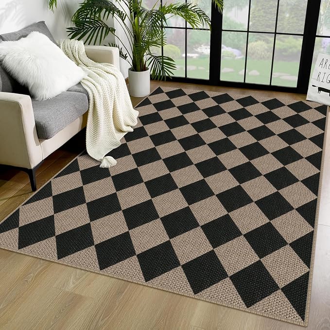 Rugalia Easy Jute Checkered Area Rug, 4x6 Black Modern Washable Rugs for Living Room Non-Slip Low Pile Entryway Mat, Farmhouse Diamond Indoor Outdoor Carpet for Kitchen Backyard Bedroom Office