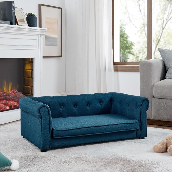 Dog Sofa Couch for Small to Medium Dogs, Memory Foam Dog Couch with Washable Fabric, Removable Cushion, Sofa Bed for Medium Dogs, Blue