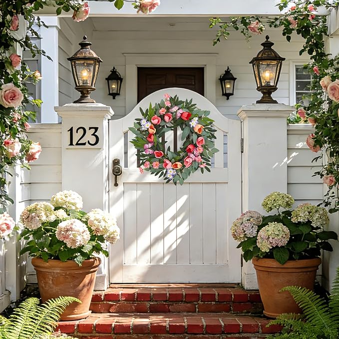 Garvee Spring Wreaths for Front Door, 20 Inch Tulip Wreath | with Colorful Blooms, Eucalyptus Leaves and Butterflies, for Summer Indoor Outdoor Farmhouse Porch Wall Wedding Decor