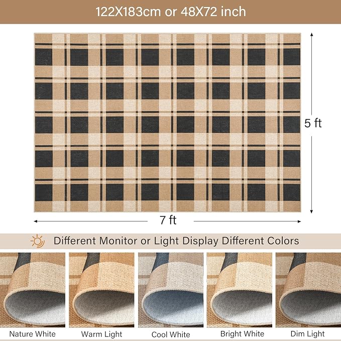 AROGAN Checkered Jute 4x6 Area Rugs, Washable Outdoor Patio Rug for Living Room Entrance Indoor Outdoor Carpet, Farmhouse Design Neutral Geometric Rugs for Front Porch Mat Dining Room