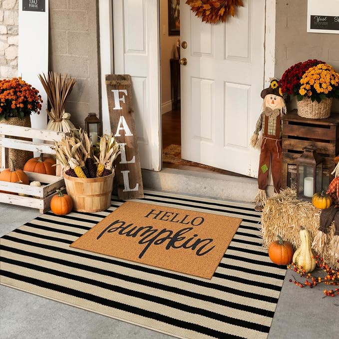 KIMODE Black and Khaki Striped Outdoor Rug 3'x 5', Washable Reversible Fall Outdoor Patio Rugs, Cotton Hand-Woven Farmhouse Welcome Layered Door Mats for Front Door, Entryway, Porch Decor