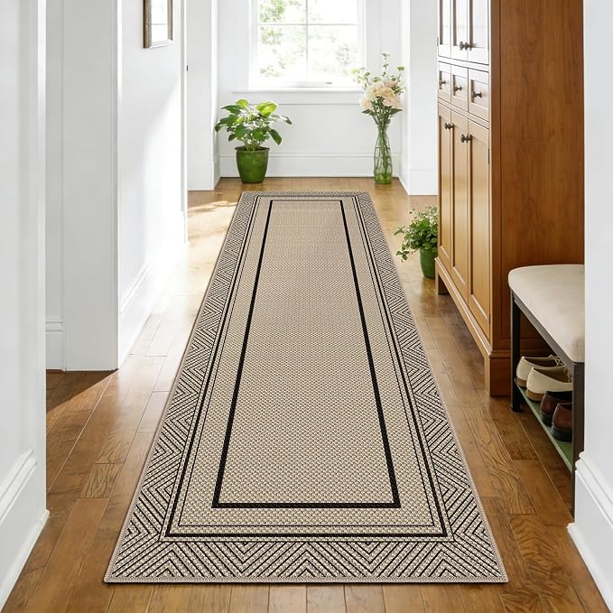 Capslpad 2x8 Hallway Area Rug, Faux Jute Geometry Line Entryway Rug, Farmhouse Washable Non-Slip Rubber Backing, Stain Resistant Low Pile Runners for Hallways, Kitchen, Bedroom, Laundry, Black