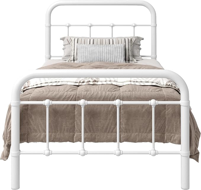 Allewie Twin Metal Bed Frame with Victorian Iron-Art Headboard, White | Victorian Style Wrought Iron-Art Headboard/Footboard, Easy Assembly, Under Bed Storage, No Box Spring Required