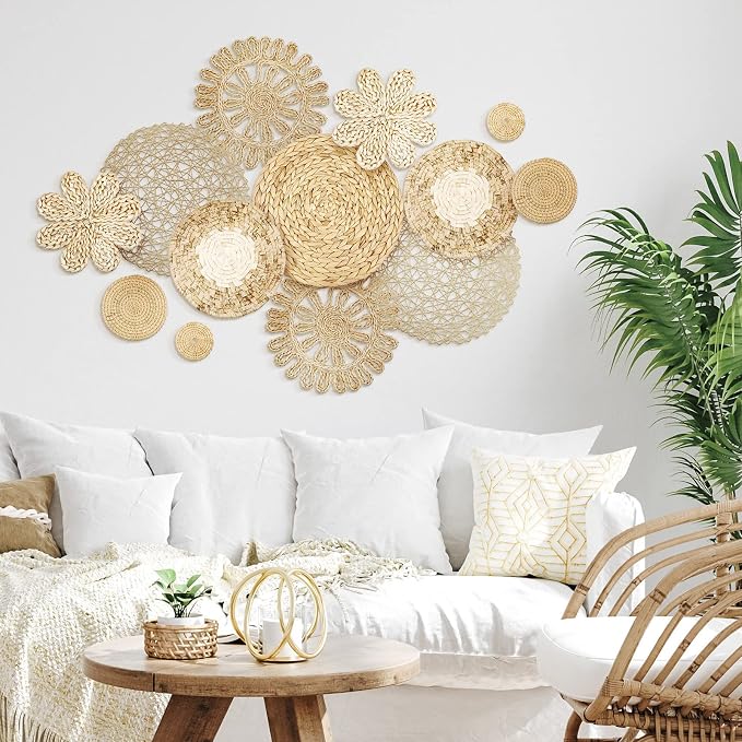 Glenmal 13 Pcs Boho Wall Basket Decor Set Woven Rattan Seagrass,Plain
