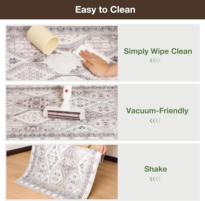 Floor Mat for Home 5×7ft, Easy Clean Plastic Rug-Like Pattern Area Mat for Living Room, Waterproof Vinyl Area Rug for Under Kitchen Table, No Slip Soft Vintage Rug for High Traffic Area (White)