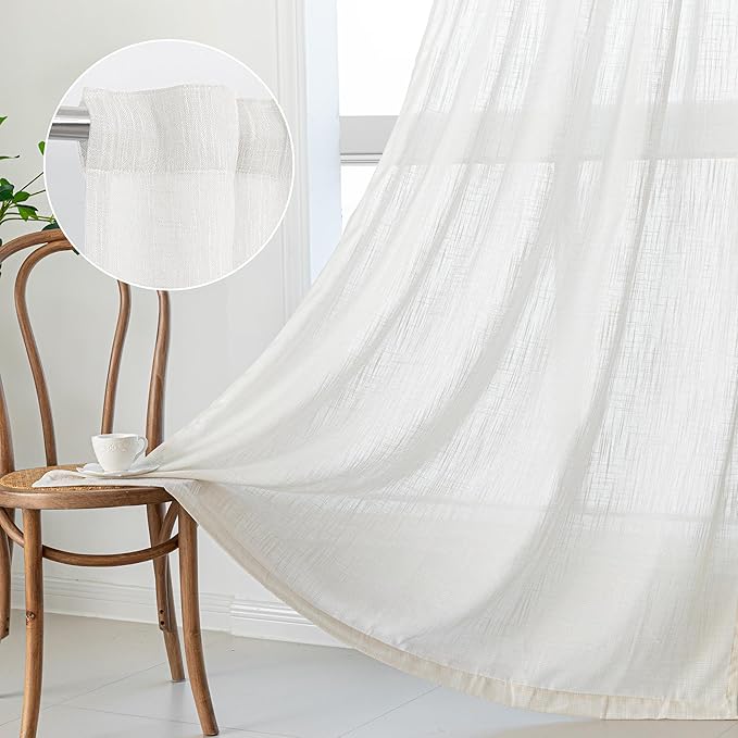 MYSKY HOME 90 Inch Curtains for Sliding Glass Door Windows, Living Room Decoration Natural Drapes Soft Comfortable Touch Farmhouse Country Patio Treatment Set, Beige White, 50" Width, 2 Panels