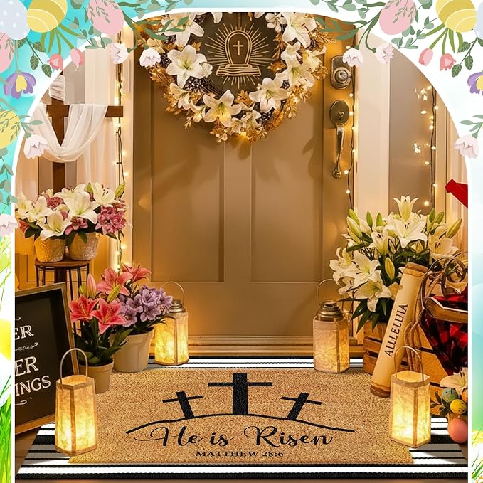 Moucuny 2 Pcs Easter Coir Doormat Outdoor Mat He is Risen Welcome Door Rug Layered Black and White Stripe Rug Coir Easter Mat for Outdoor Front Porch Entryway Decor