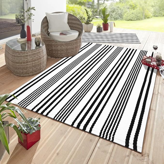 LEEVAN 5'X8' Black and White Striped Woven Cotton Reversible Outdoor Rug | Machine Washable Front Porch Rug, Entryway Door Mat, Indoor Layering Carpet for Balcony Farmhouse Laundry Patio