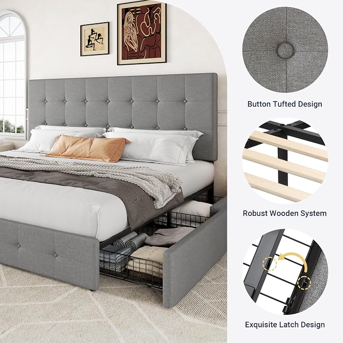 Allewie Upholstered King Size Platform Bed Frame with 4 Storage Drawers and Headboard, Square Stitched Button Tufted, Mattress Foundation with Wooden Slats Support, No Box Spring Needed, Light Grey