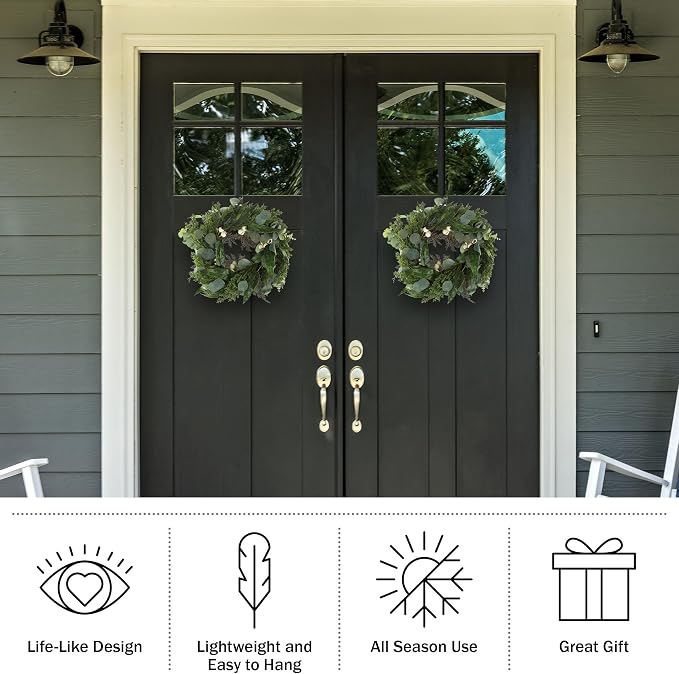 Pure Garden Artificial Wreath Set - Two 20-Inch Eucalyptus Wreaths for Spring, Summer or Fall Home Decor - Indoors or Covered Patio