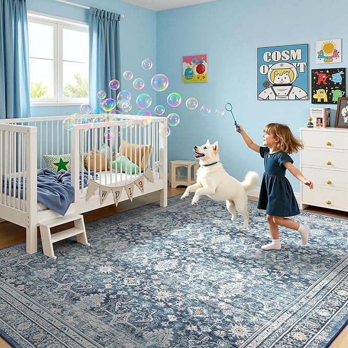 Lofus 9x12 Area Rug for Living Room,Blue Washable Area Rugs with Non-Slip Backing,Soft Boho Carpets for Bedroom Dining Room Home Office Indoor Nursery