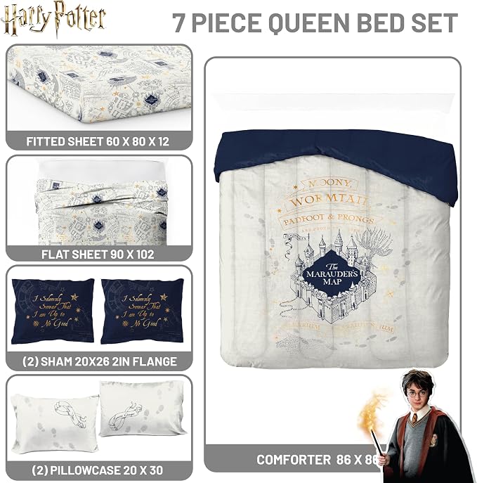 Harry Potter Queen Comforter Set 7 Piece Soft Fantasy Bedding, Beige | Hogwarts, Bed in a Bag, Comforter Sheets Shams Pillowcases, Official Product, Soft Microfiber, Machine Washable, Gift