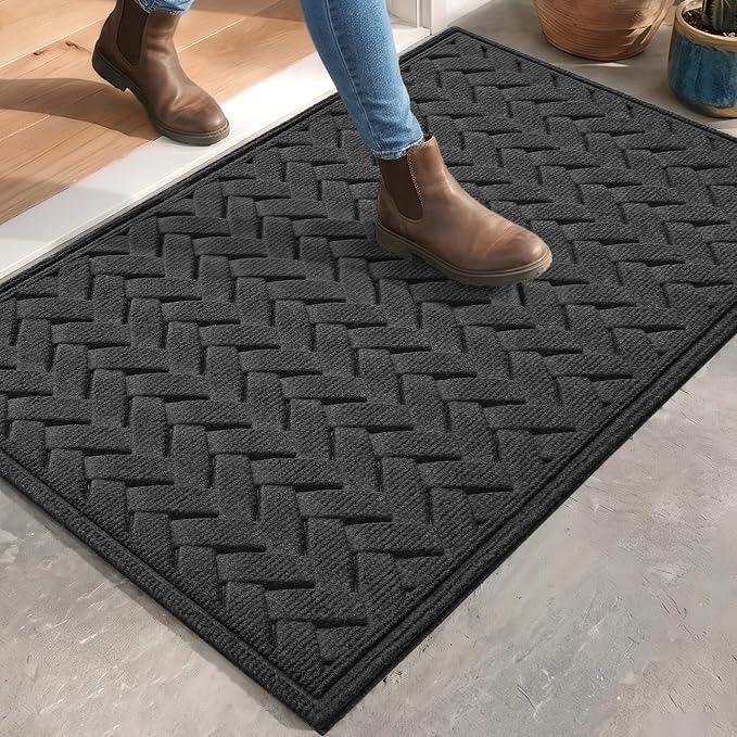 DEXI Front Door Mat Outside Entrance, 17x30 Heavy Duty Entry Doormat Dirt Trapper with Rubber Back, Non Slip Low Profile Floor Mats for Entryway Exterior Patio, Wave Charcoal