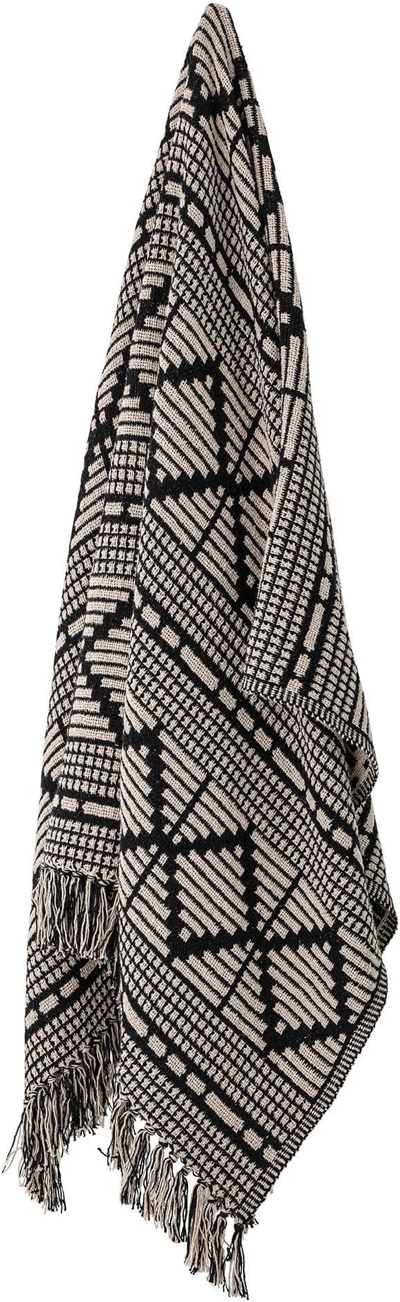 Bloomingville Soft Reclaimed Cotton Blend Throw with Diamond Pattern and Fringe, Black and Beige