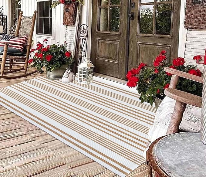 BUAGETUP Khaki and White Outdoor Rug 3'x 5' Hand-Woven Cotton Washable Rug Striped Front Porch Rug Indoor/Outdoor Area Rug Floor Mat for Farmhouse/Layered Door Mats/Living Room