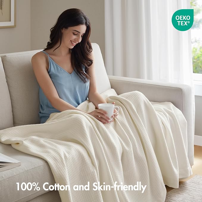 Madison Park 100% Egyptian Cotton Twin Size Bed Blanket for Summer Ivory | Cozy Soft Breathable Durable, Waffle Weave Woven Casual, Lightweight Knit All Season Throw for Bed Couch or Sofa, OEKO TEX