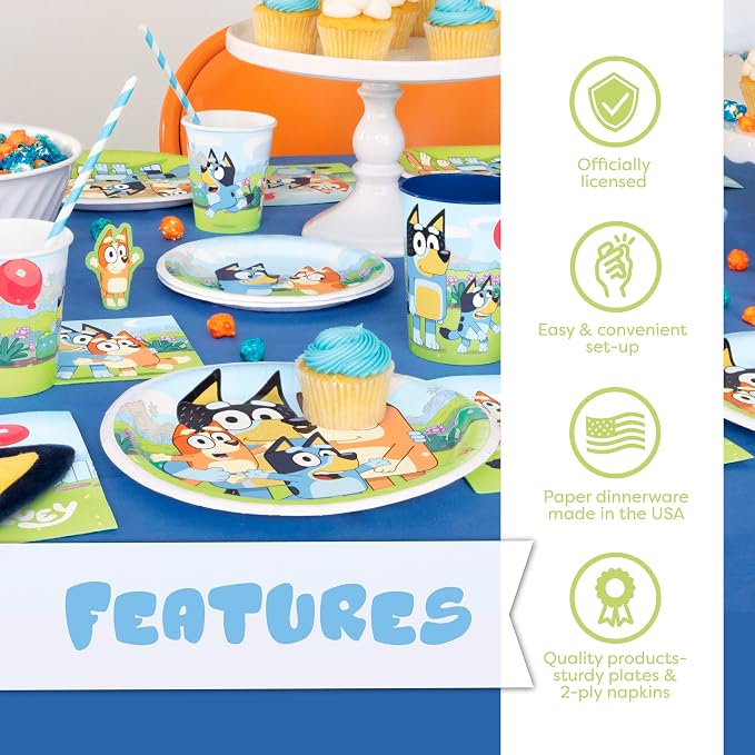 Bluey Birthday Decorations and Party Supplies with Balloons and Tablecloth | Officially Licensed Bluey Party Decorations - Banner, Tablecloth, Foil and Latex Balloons, Plates and Napkins for 16