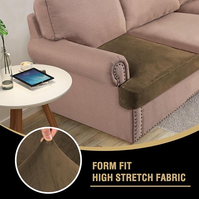 H.VERSAILTEX Stretch Velvet 2 Piece T Cushion Sofa Slipcovers for Living Room Individually Sofa Covers for 2 Cushion Seat Cushion Covers Stay with Elastic Bands (Sofa, Bronze Brown)