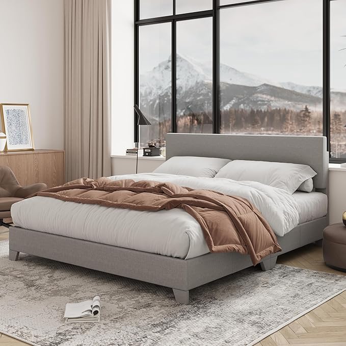 Allewie Full Size Upholstered Bed Frame Adjustable Headboard, Light Grey | Platform Bed with Heavy Duty Mattress Foundation, Noise-Free, Easy Assembly, Wood Slat Support, No Box Spring Needed