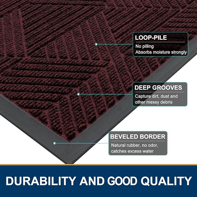 Smiry Front Door Mat Outside Entrance, Heavy Duty Sturdy Natural Rubber Doormat, Trap Dirt and Moisture, Easy Clean Low Profile Welcome Floor Mats for Indoor Outdoor Entry, 47x23 Inch, Dark Red